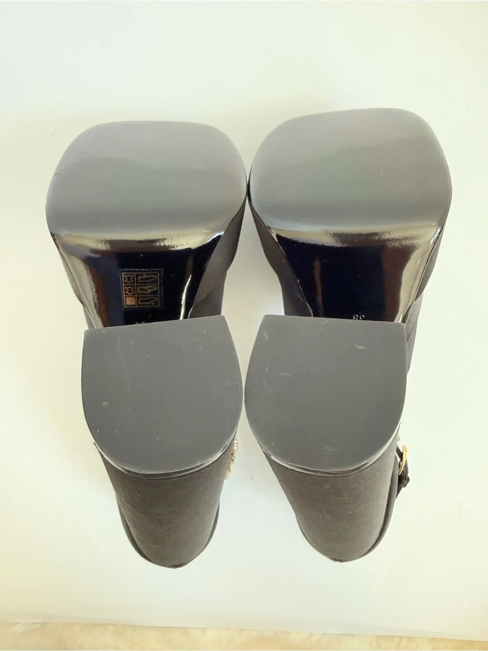 NEW Versace Medusa Crystal Open Toe Platform Sandals Black Satin Block Heels 38